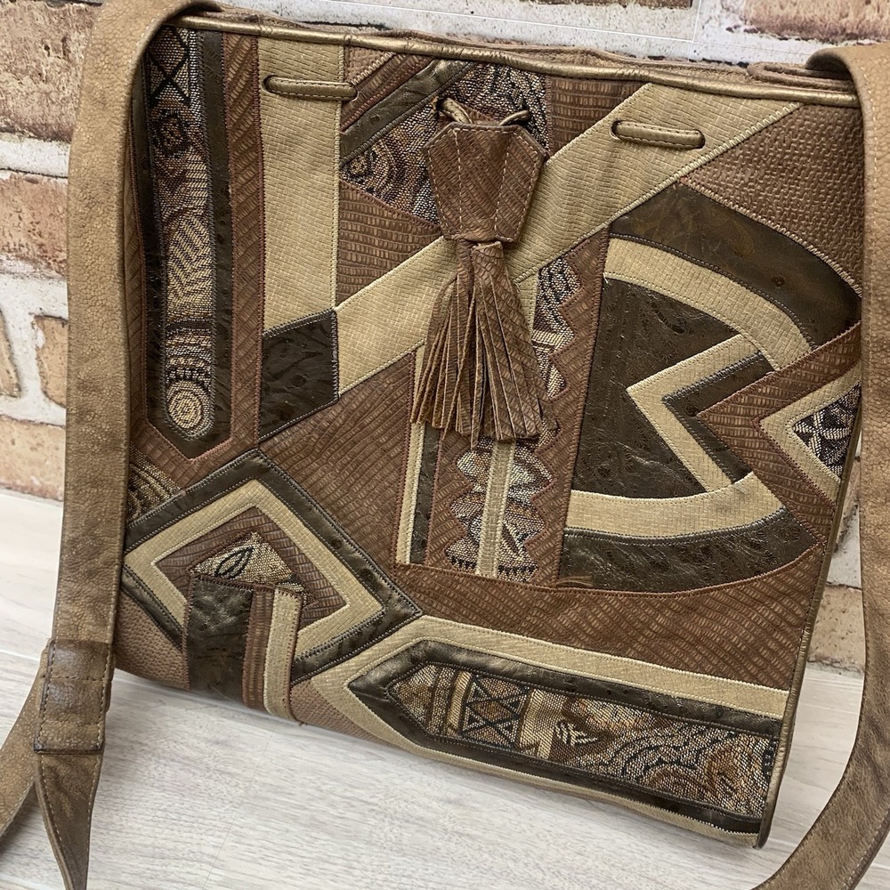 VTG 80s Sharif Patchwork Bag Beige Brown Leather Fabric Shoulder Purse‎